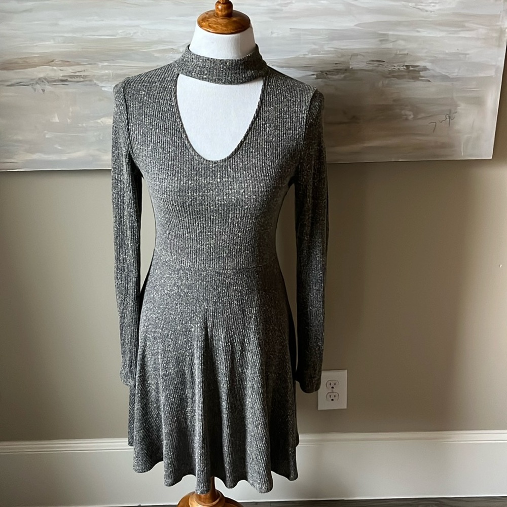Altar’d State gray ribbed knit fit and flare dress with keyhole neckline